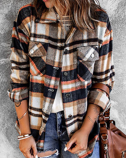 Plaid Print Pocket Button Design Shacket