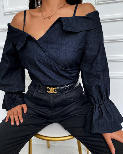 Cold Shoulder Notch Neck Flared Sleeve Top