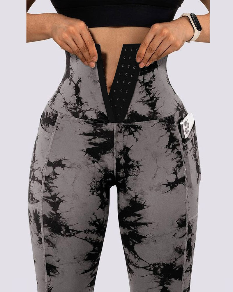 Tie Dye Print Tummy Control Butt Lifting Pocket Design Yoga Pants